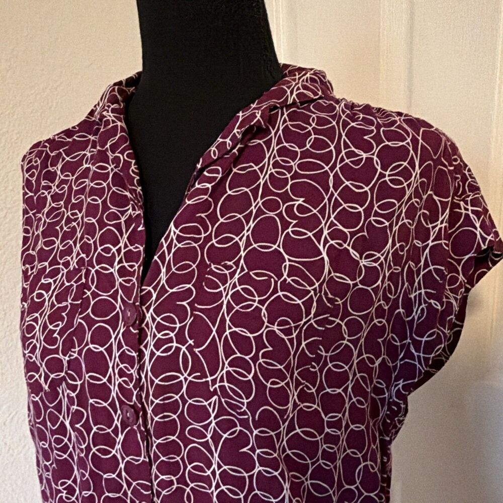 Maeve Women’s Geometric Button Front Collared Blouse Purple White XS Cap Sleeve